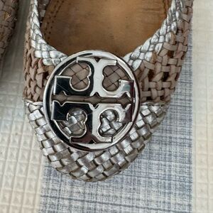 Tory Burch raffia ballet flats, silver and gold